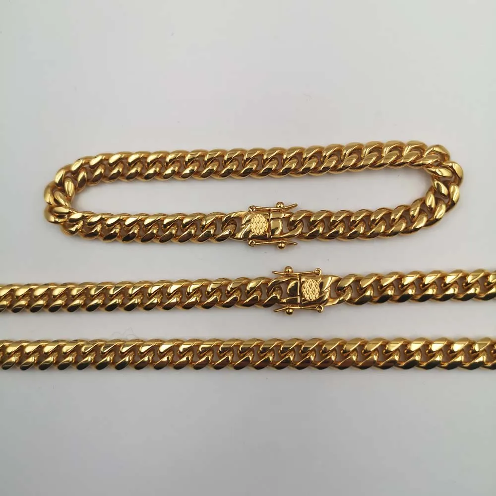 Hip hop Mens 18k Gold Plated Miami Curb Cuban Link Chain Necklace Bracelet Luxury 316L Stainless Steel Jewelry sets 8mm