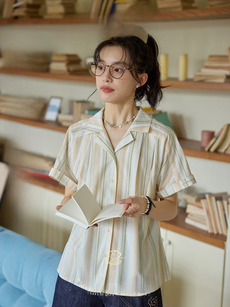 

Nov Et Cuban Collar Loose ort Sve Striped irt Women Casual Comfortable Breathable Pure Cotton Vintage Sle Top