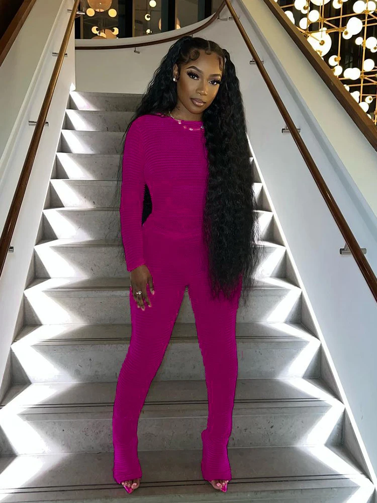 Kliou Mesh Whole See Through Two Piece Set Women Solid Striped Ruched Full Sleeve T-shirts+High Waist Pants Midnight Party Suit