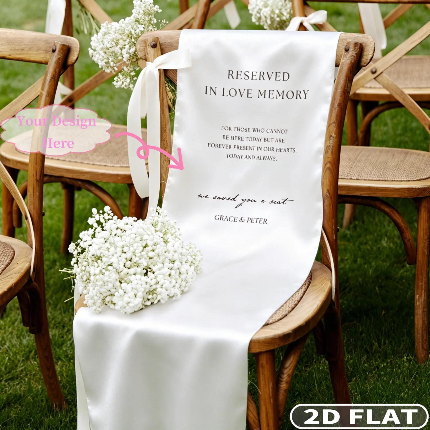1pc Custom 2D FLAT Satin Memorial Wedding Chair Banner  In Loving Memory, Reserved Seat Sign, Custom for Wedding, Funeral