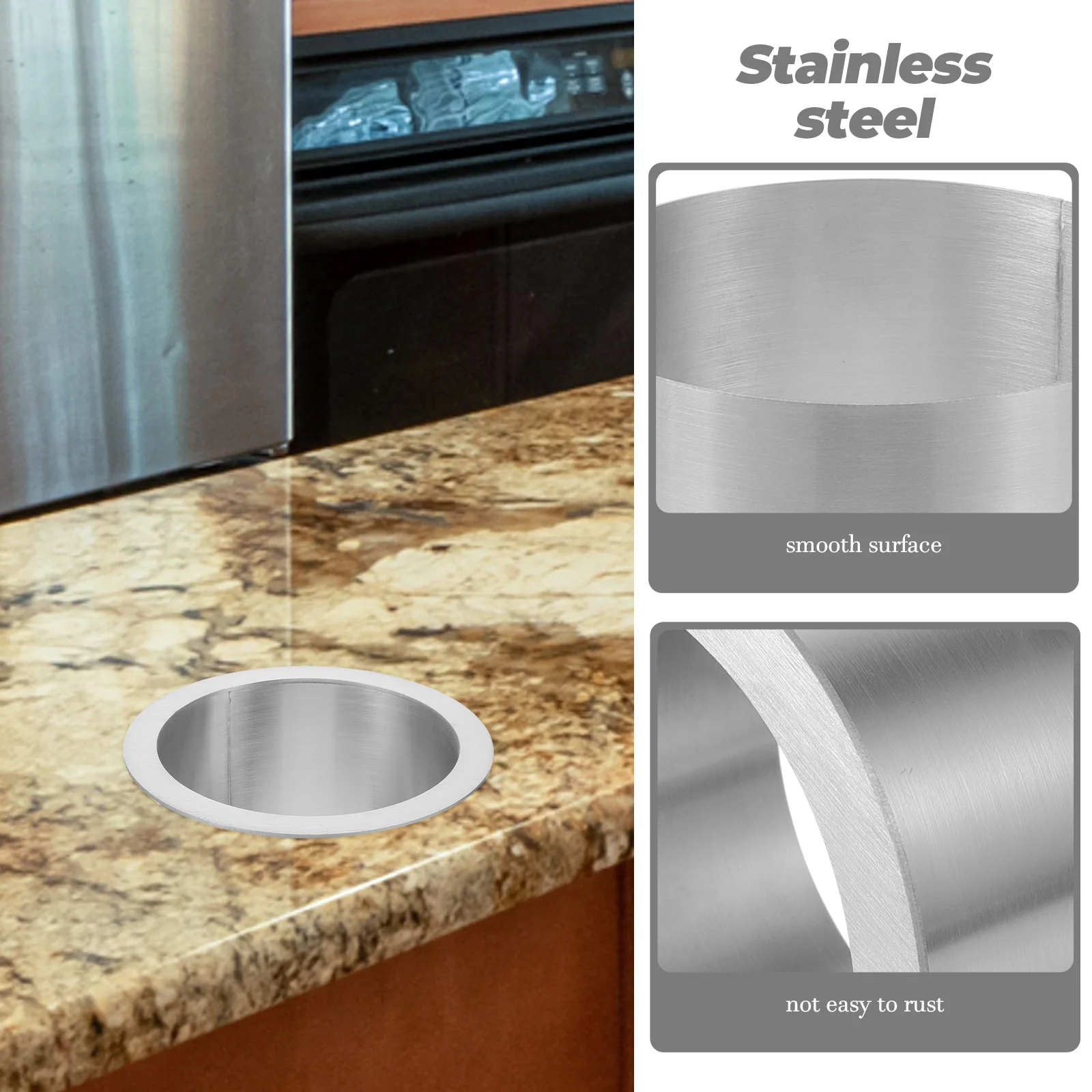 

Stainless Steel Trash Chute Grommet Round Kitchen Countertop Waste Drop-in Grommets Office Desk Metal 304 Circular Space Saving