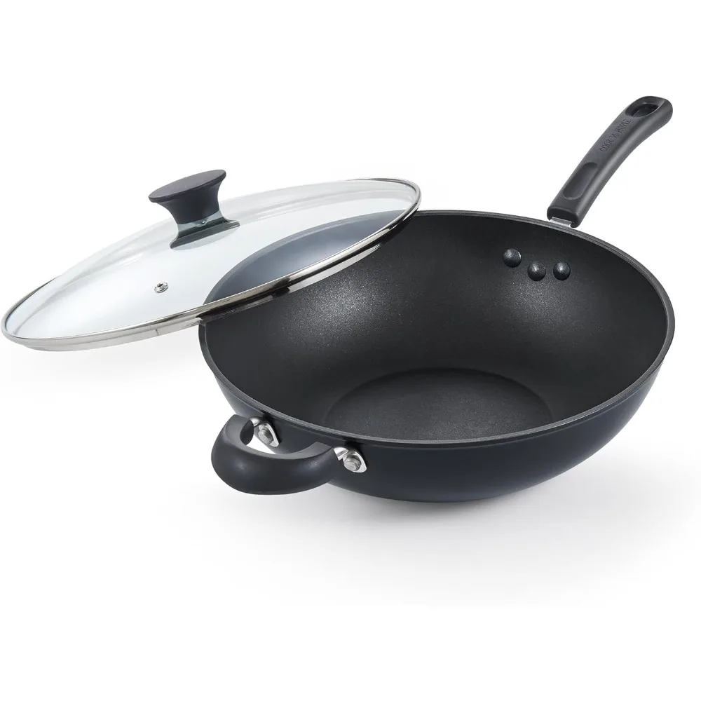 

Cook N Home Hard Anodized Nonstick Wok with Lid 12-Inch, Non Stick Stir-Fry Pan, Flat Bottom Wok Pan, Induction Cookware, Black