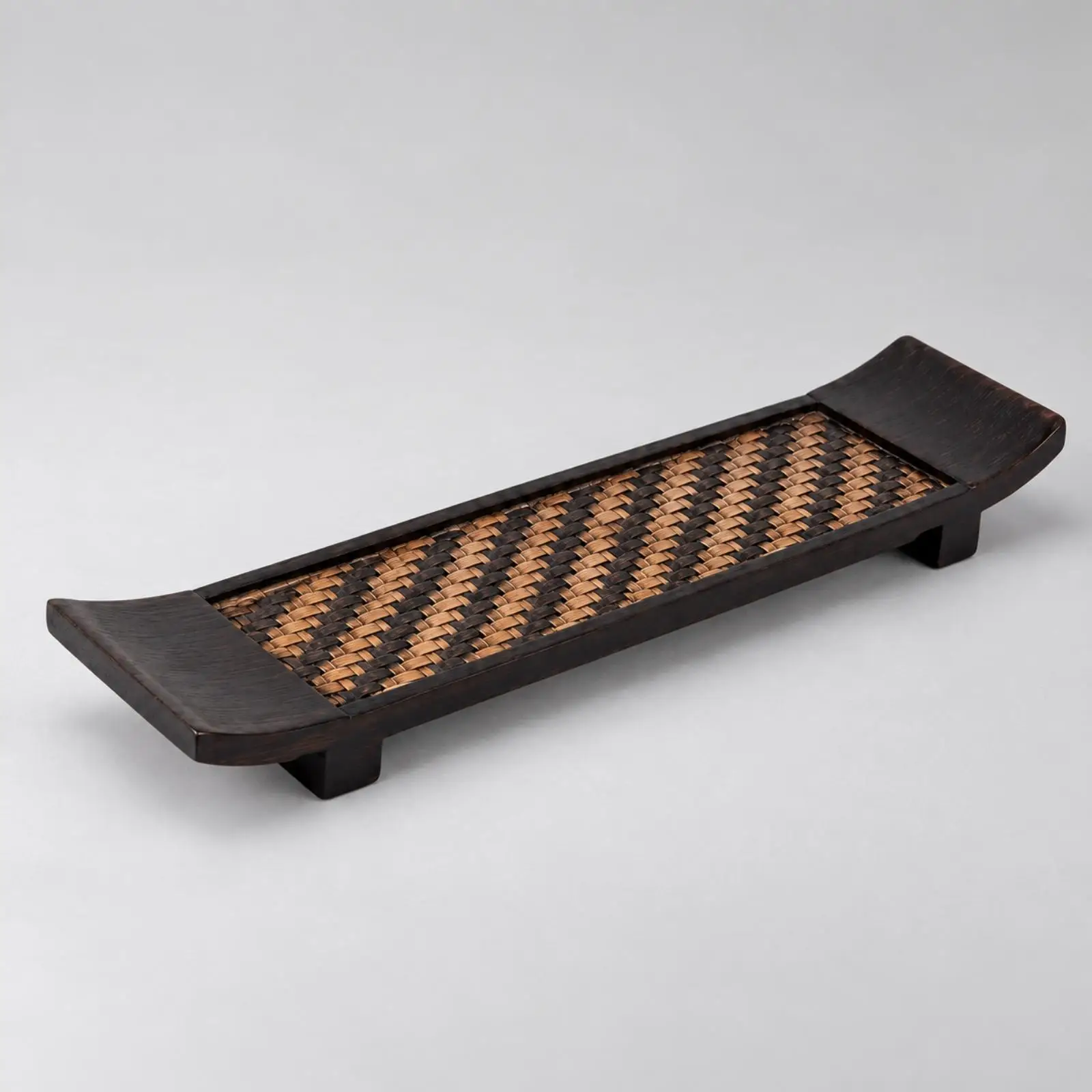 Wood Bamboo Beverage Holder Tray with Woven Center Design for Tea Ceremony Sushi Dining and Snack Service
