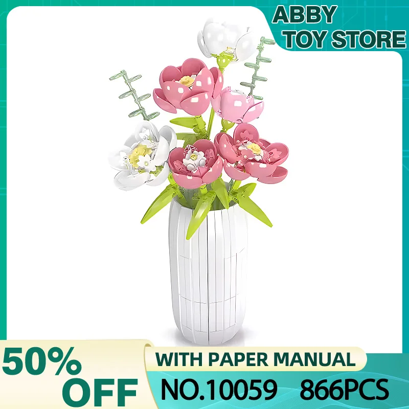 

Mould King 10059 Flower Bouquet Building Block The Chinese Peony with Vase Model Assembly Decoration Toys Kids Christmas Gift