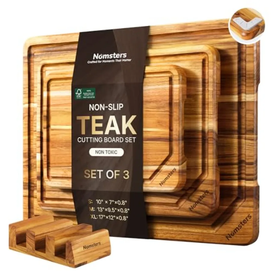 

3 Pack Teak Wood Cutting Board Set for Kitchen Charcuterie Board Serving Heavy Duty Non Toxic Slip Hardwood Over Sink Solid Thi