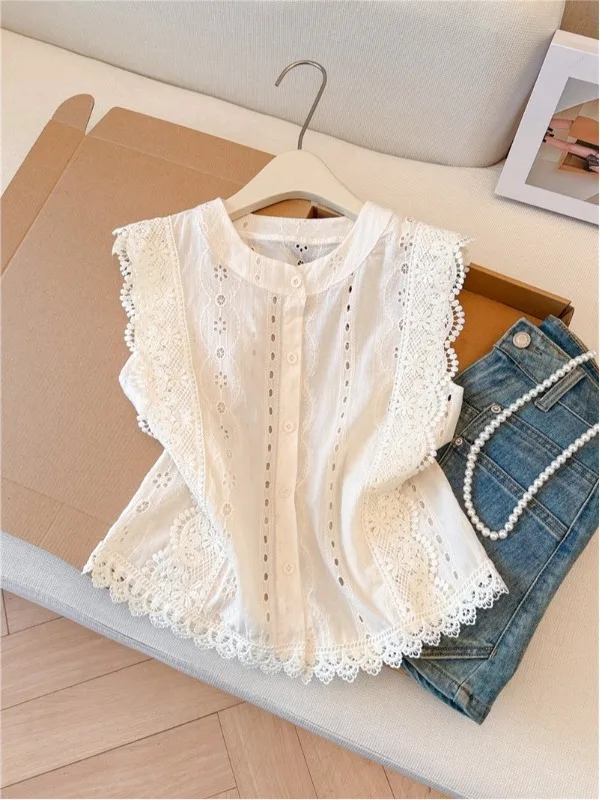 

Korean Style Heavy Embroidery Hollow out Vest Shirt Women's Elegant Fashionable Top Breathable Polyester Fiber Sleeveless