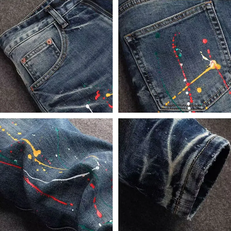 High Street Fashion Men Jeans Retro Washed Blue Stretch Slim Fit Ripped Jeans Men Painted Designer Hip Hop Denim Pencil Pants