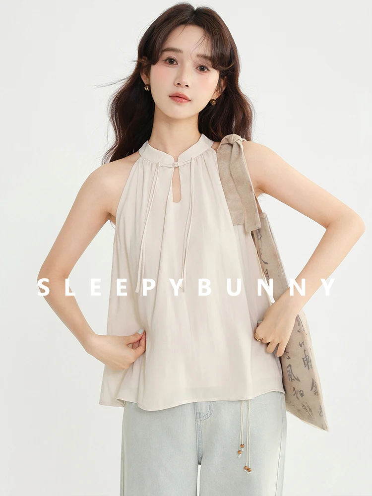 

Summer Halter Neck Chinese Style Sleeveless Top Women Loose Fit Elegant Vest Blouse Petite Friendly Casual Tank Shirt for Girls