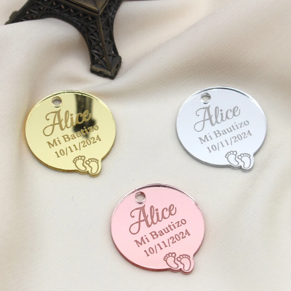 30/50/100Pcs Personalized Tag Baptism Baby Show Grail Engraved Mirror Acrylic Round Tags Mi Bautizo Name Custom Gift Decoration