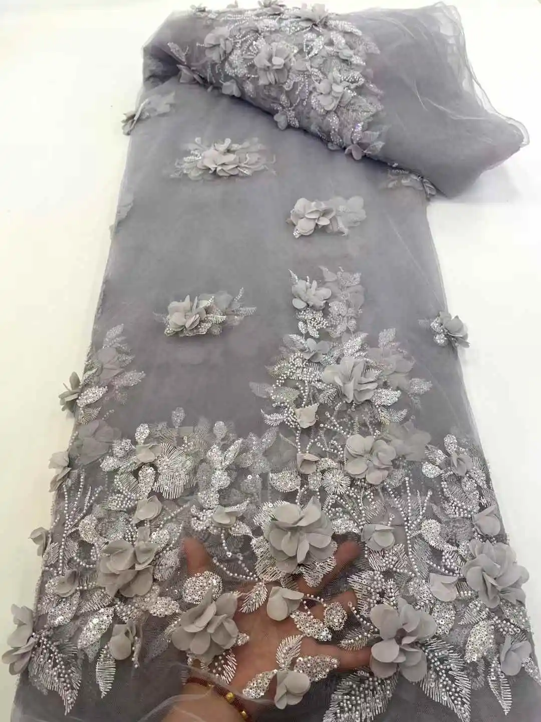 High-quality African Nigerian Elegant 3D Embroidered Fabric French Tulle Lace Fabric With Sequin For Party Wedding