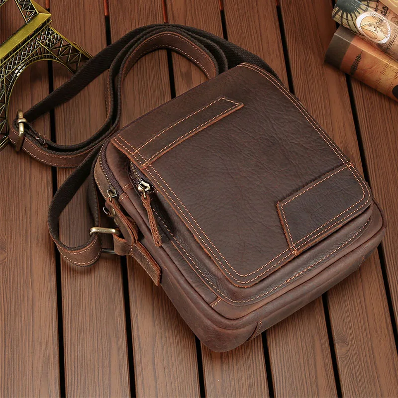 Men Vintage Genuine Leather Crossbody Messenger Bag Multi Zipper Pockets Small Shoulder Bags Magnetic Snap Casual Cowhide Purse