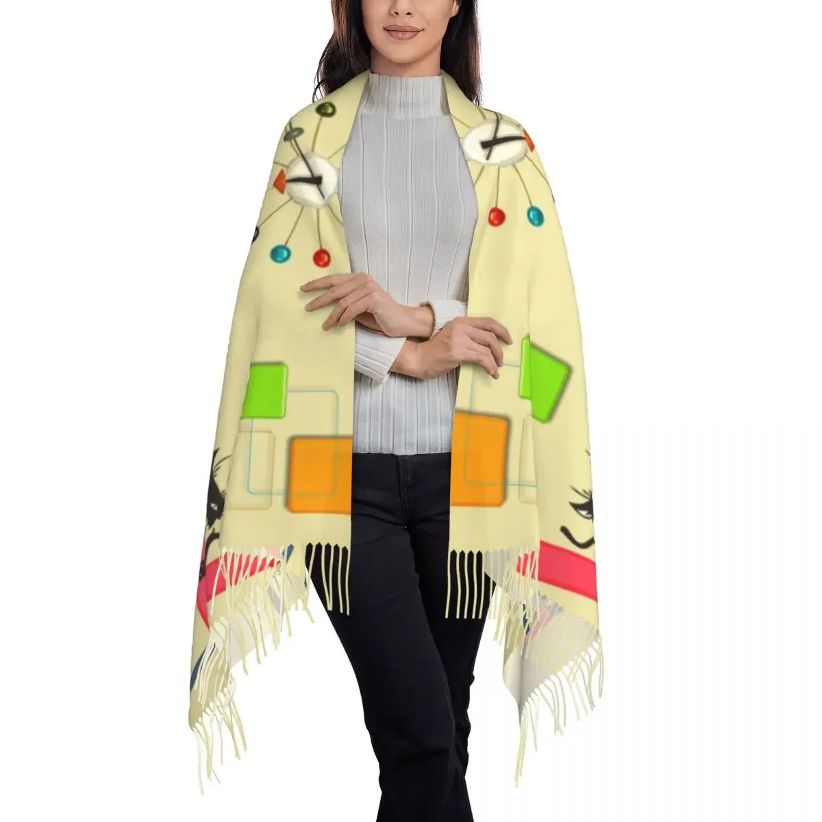 Customized Printed Mid Century Retro Black Cats Scarf Men Women Winter Fall Scarves Minimalist Abstract Geometric Shawl Wrap