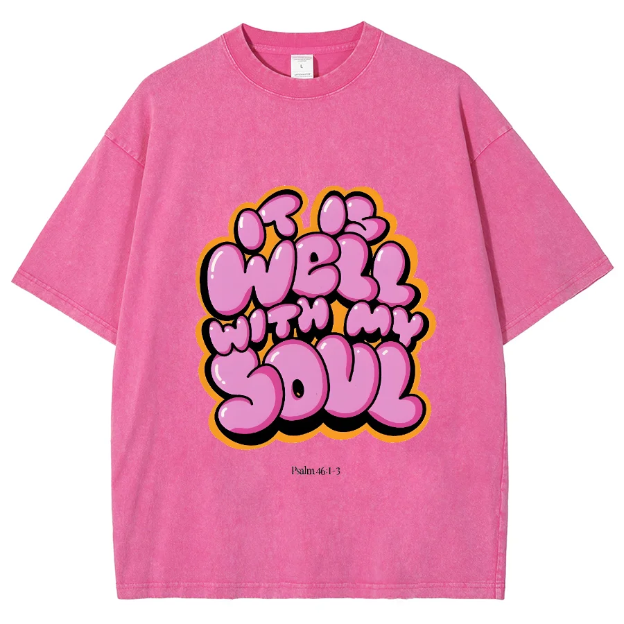 Well With My Soul Y2K Washed Short Sleeves T-Shirt, Creative Printed Unisex Oversized Vintage Streetwear New Fashion Plus-Size