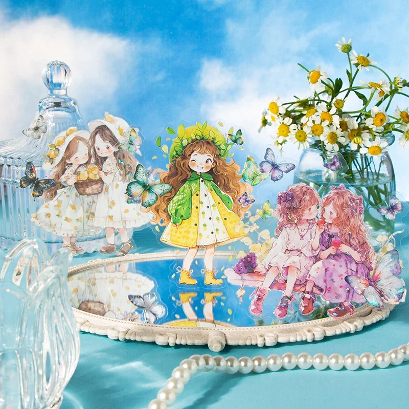 

6Sheets Butterfly Girl Stickers Light Handbook Material Decorative Background Diary Sticker Supplies Scrapbook Cut 138*118MM