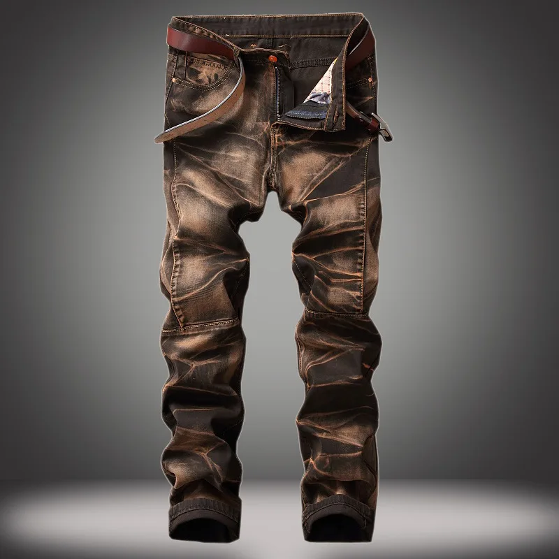 Vintage Straight Leg Men's Jeans Four Colors Distressed Casual Pants mid Waist Zipper Fly Multi-Pockets Classic Style