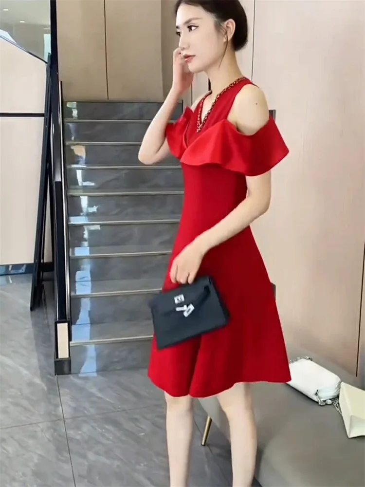 

Heavy industry dress fashion women 2025 summer new fashion Korean version V-neck off shoulder slimming mid length dress