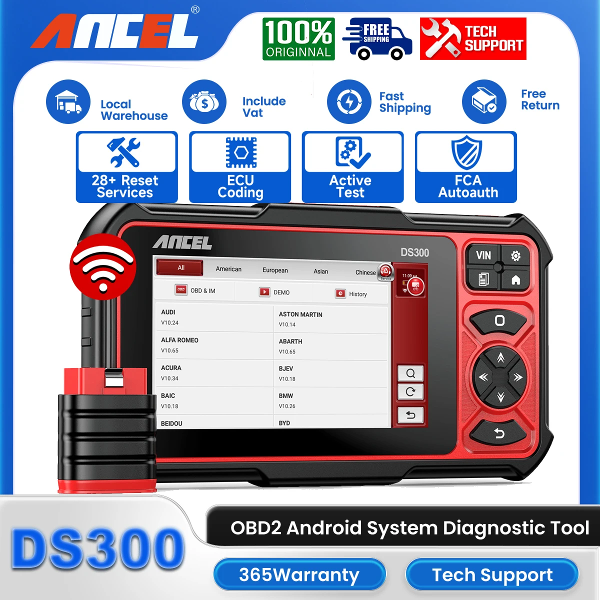 

ANCEL DS300 Wireless OBD2 All System Scanner Diagnostic Tool with 30+ Resets Bidirectional Test Engine Code Reader Scan Tester