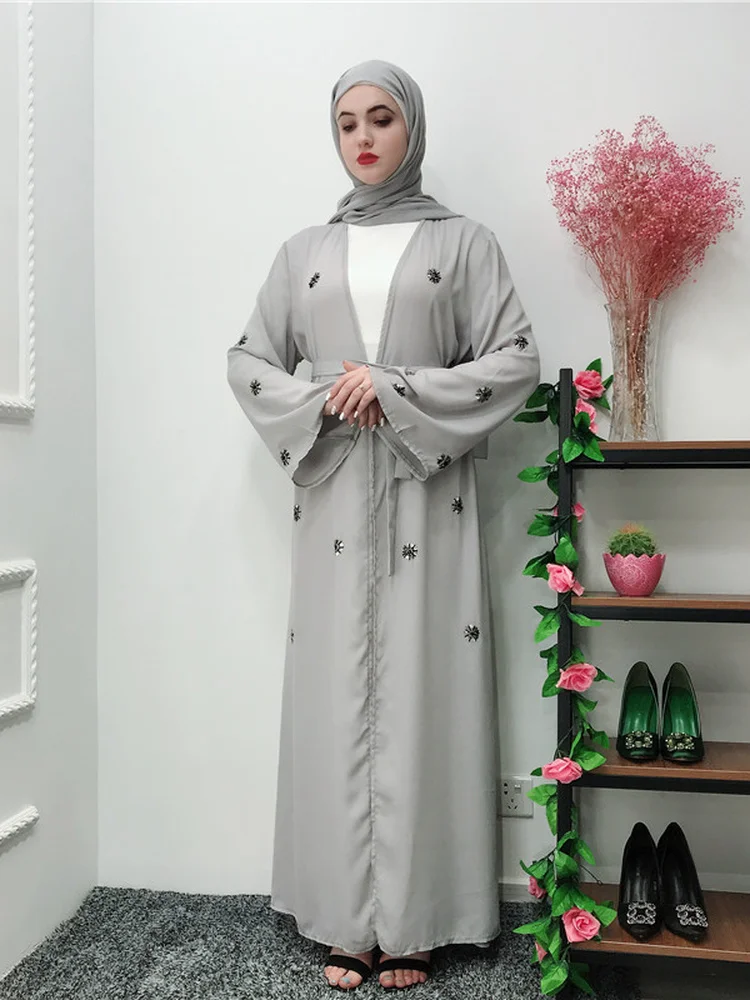 Turkish Islamic Clothing Muslim Open Abaya Women beading Floral Maxi Dresses Dubai Arab Lace-up Long Robe Islam Ramadan Kaftan