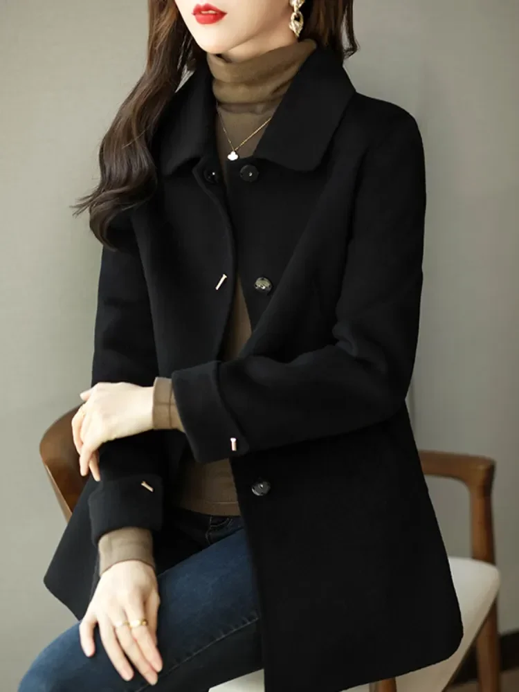 Autumn Winter Woolen Coat Mid Length Version Fashion Lady Square Collar Single Breasted Advanced Sense Coats  Wide-waisted 2023