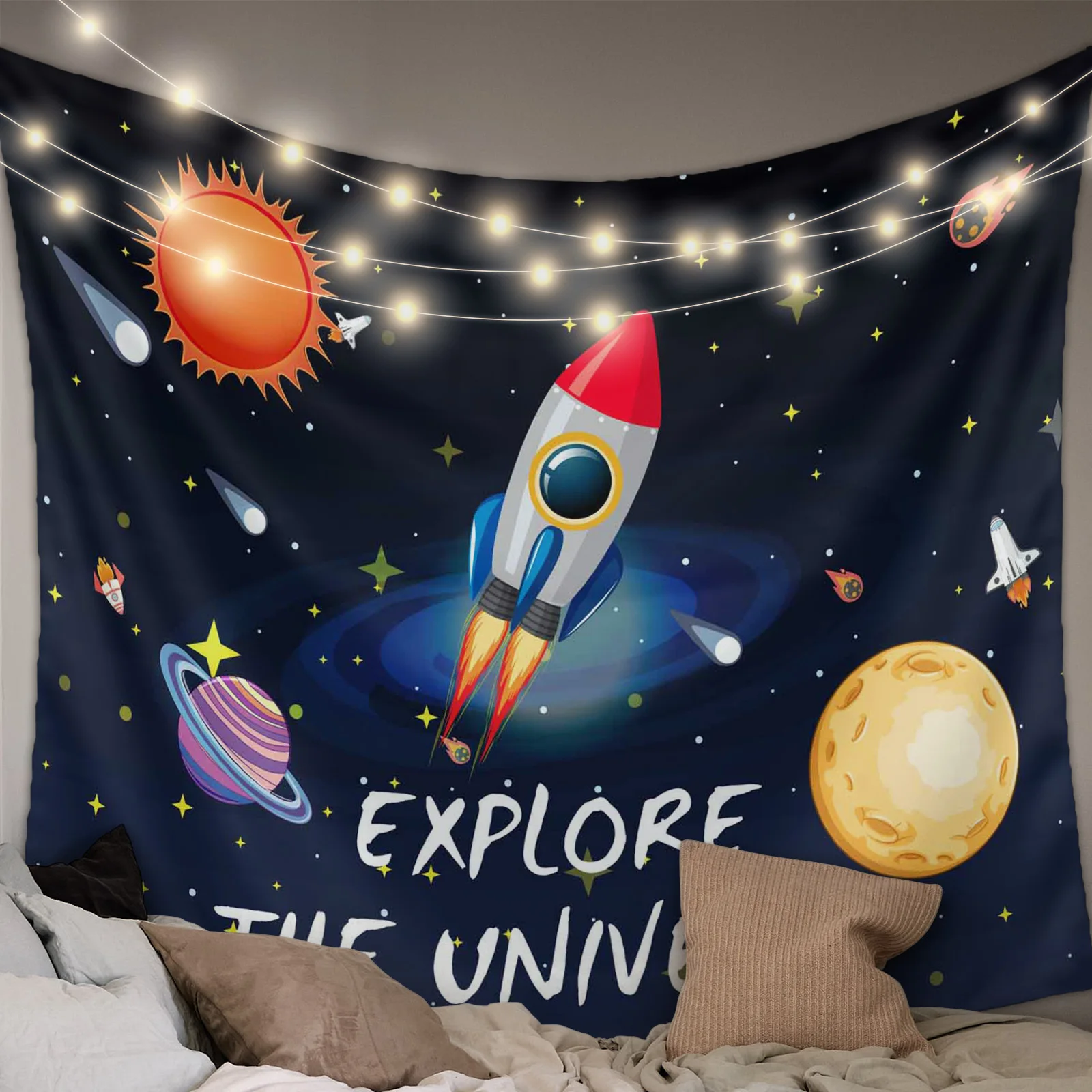 Space Universe Planet Rocket Hippie Tapestry Fabric Wall Hanging Beach Room Decor Cloth Carpet Yoga Mats Sheet Sofa Blanket