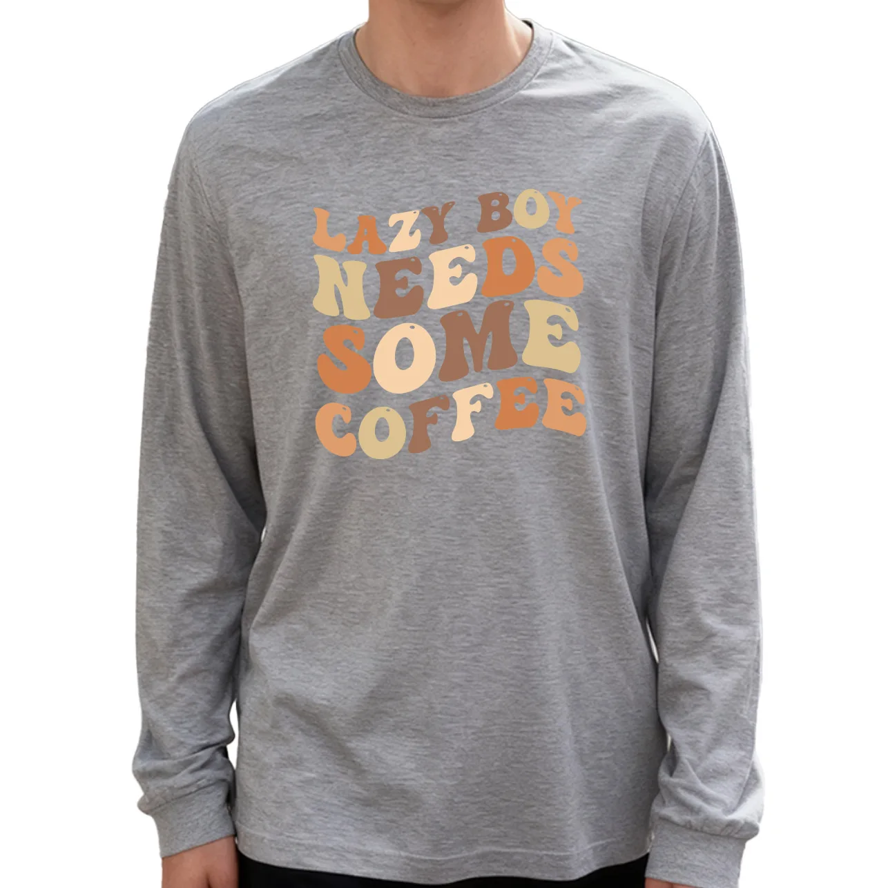 Lazy Boy Needs Some Coffee Herren-Langarm-T-Shirt, 180 g, 100 % Baumwolle, bedruckt, Rundhalsausschnitt, lässig, Alltagskleidung, weich und atmungsaktiv