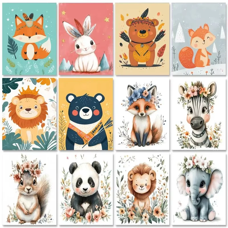 Whimsical Floral Animal Diamond Painting, Adorable Woodland Creatures with Flower Crowns, Great as a Unique Gift and Wall Deco