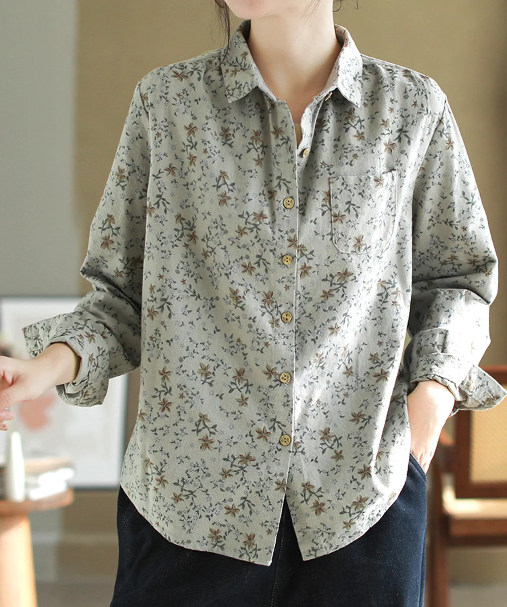 Novo 2025 inverno algodão manga longa camisa escovada, feminino turn-down colarinho impressão, mori menina redução de idade blusa solta t5n020cc