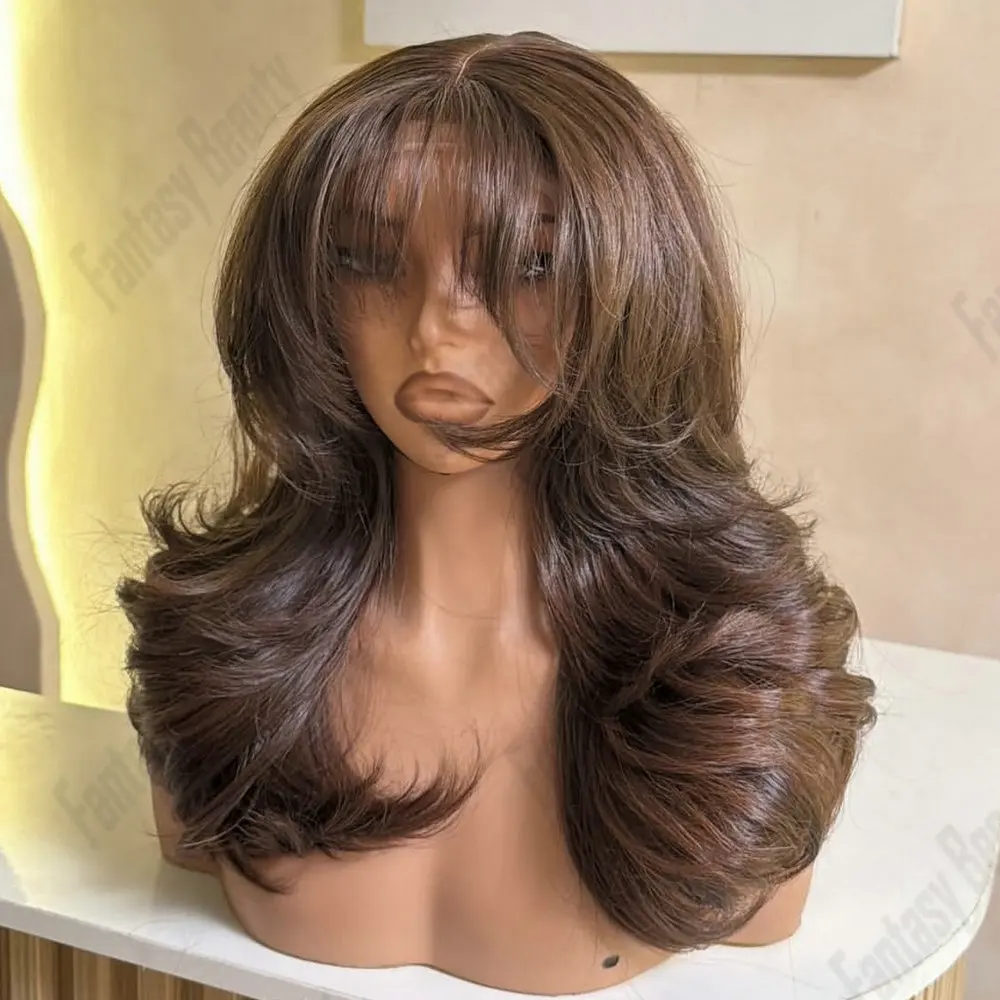 

Light Chocolate Brown Remy European Human Hair Full Lace Wig with Bangs Transparent Lace Frontal 13x6 Glueless Wigs for Women