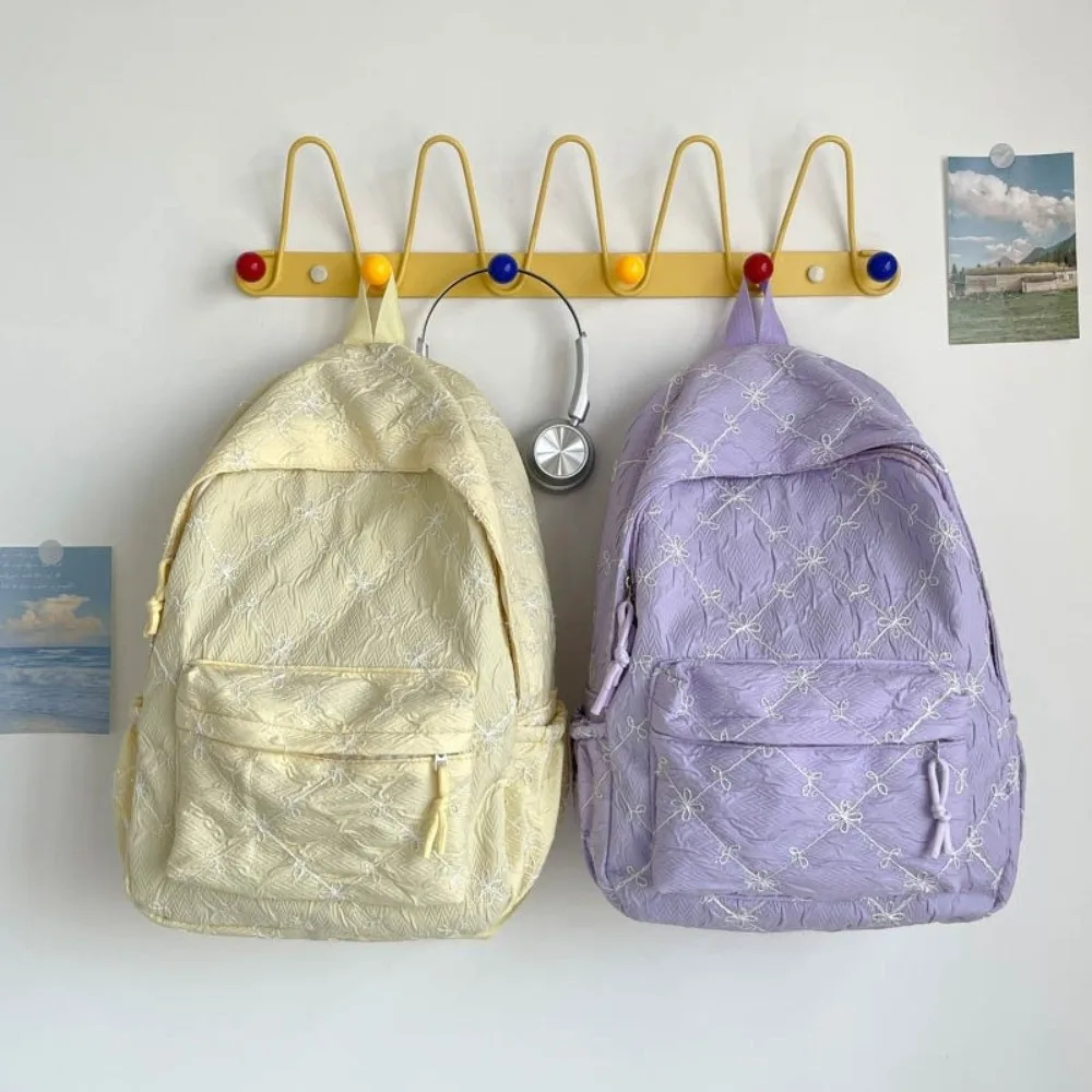 Bow Embroidery Laptop Backpack Large Capacity Lightweight Design Embroidery Backpack Versatile Style Multi-Pocket Structure