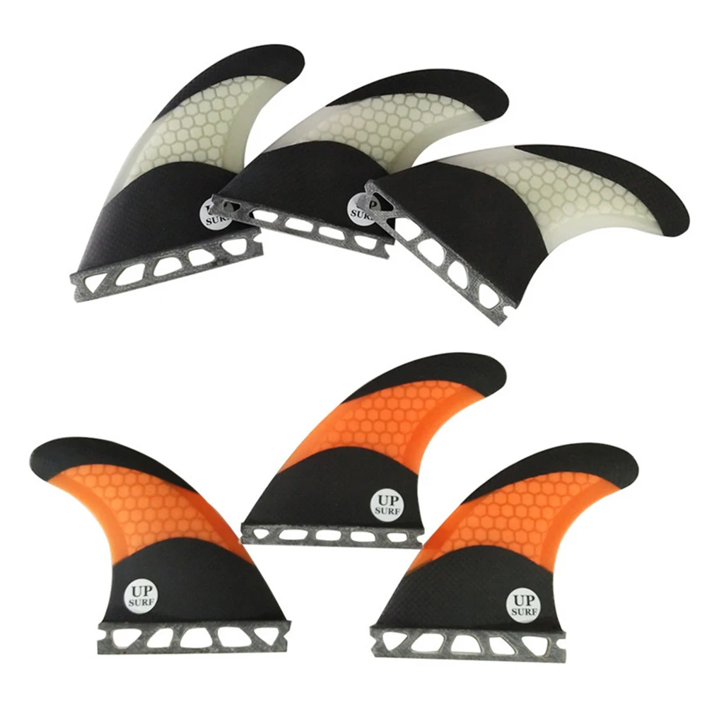 Carbon Fiber Honeycomb G5 Surfboard Fins For UPSURF FUTURE Fin Plugs Thruster Tri Orange/White With Black Single Tabs Quilhas