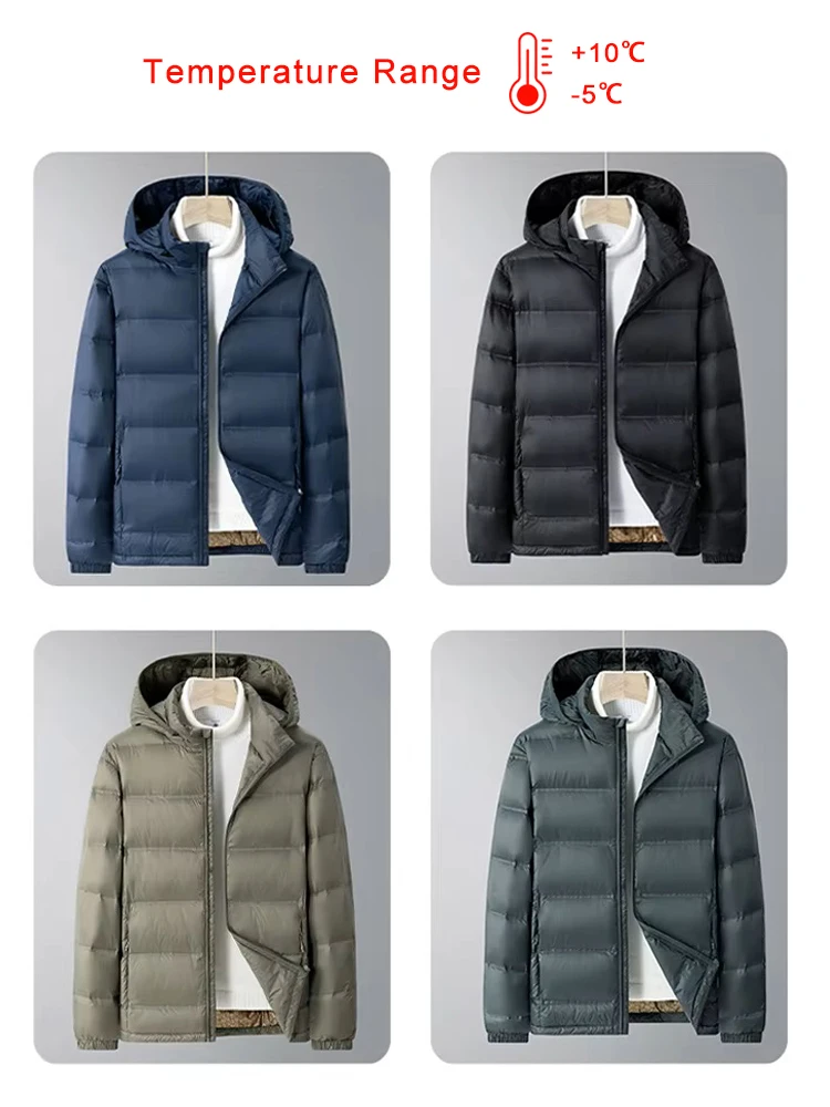 Winter Puffer Jacket Men Business Casual Hooded Windbreaker White Duck Down Padded Lightweight Warm Down Jackets Plus Size 8XL