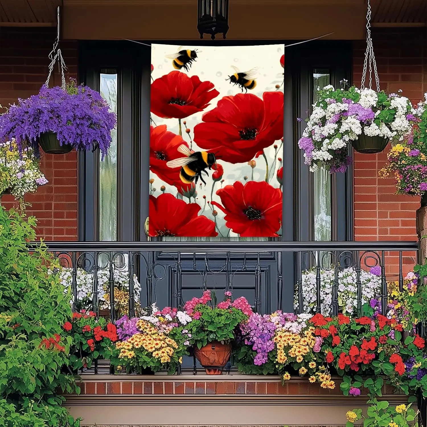 Bee and Red Poppy House Flag 28 x 40 Inch Double Sided Garden Flag with Floral Insect Design for Spring Summer Porch Yard Ou zzo