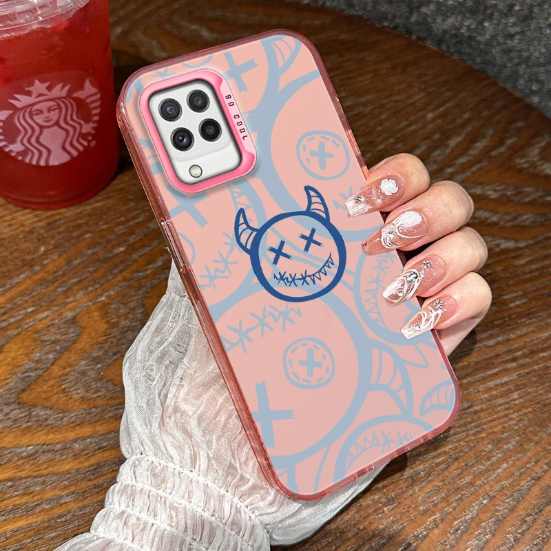 Painted Cartoon Demon Phone Case For Samsung Galaxy A22 M22 F22 M32 A12 M12 F12 Frosted Electroplated Shock-absorbing Cover