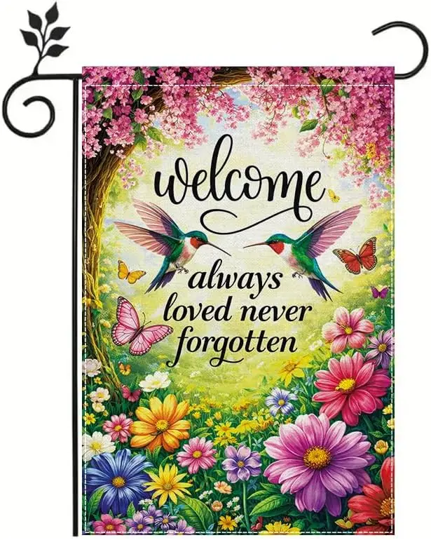 Hummingbird Memorial Garden Flag 12x18 Inch, Butterfly Hummingbird Floral Garden Flag, Always Loved Never Forgotten Outdoor  uui