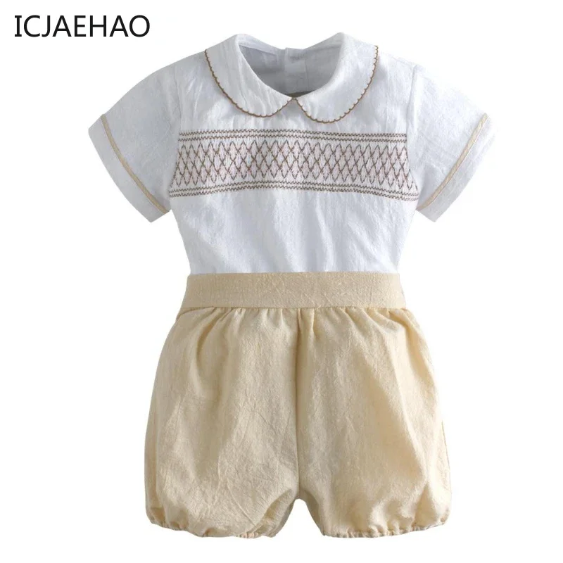 

Baby Clothes New Born Children's Set for Boys Handmade Smocked Suit Shirt + Shorts Baby Outfits Elegant Boutique Kids Matching