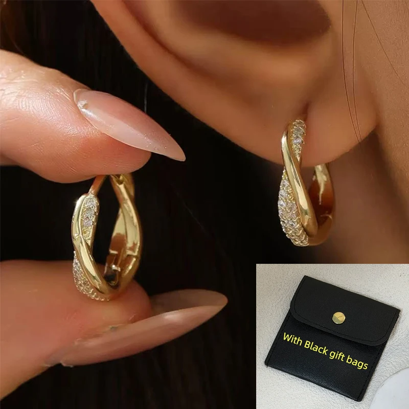 Gold Plated Environmental Copper Twisted Hoop Earrings Inlaid Zircon Minimalist Huggie Ear Jewelry For Women Daily Gift