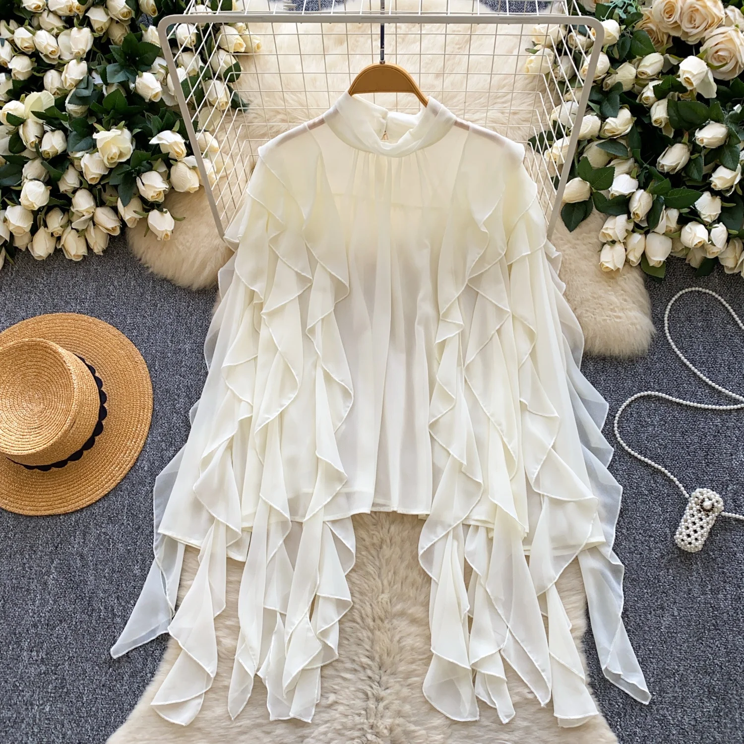 

Clothland Women Sweet Ruffled Loose Blouse Asymmetrical Design Oversized Long Sleeve Shirt Vintage Chic Tops Blusa LB365