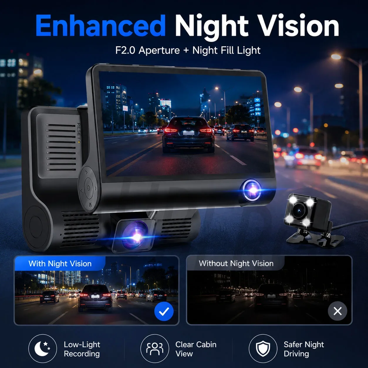 1080P Dash Camera 4 inch IPS HD Screen 3 Lens Auto Video Recorder Front/Rear/Interior Car DVR with Night Vision, Loop Recording