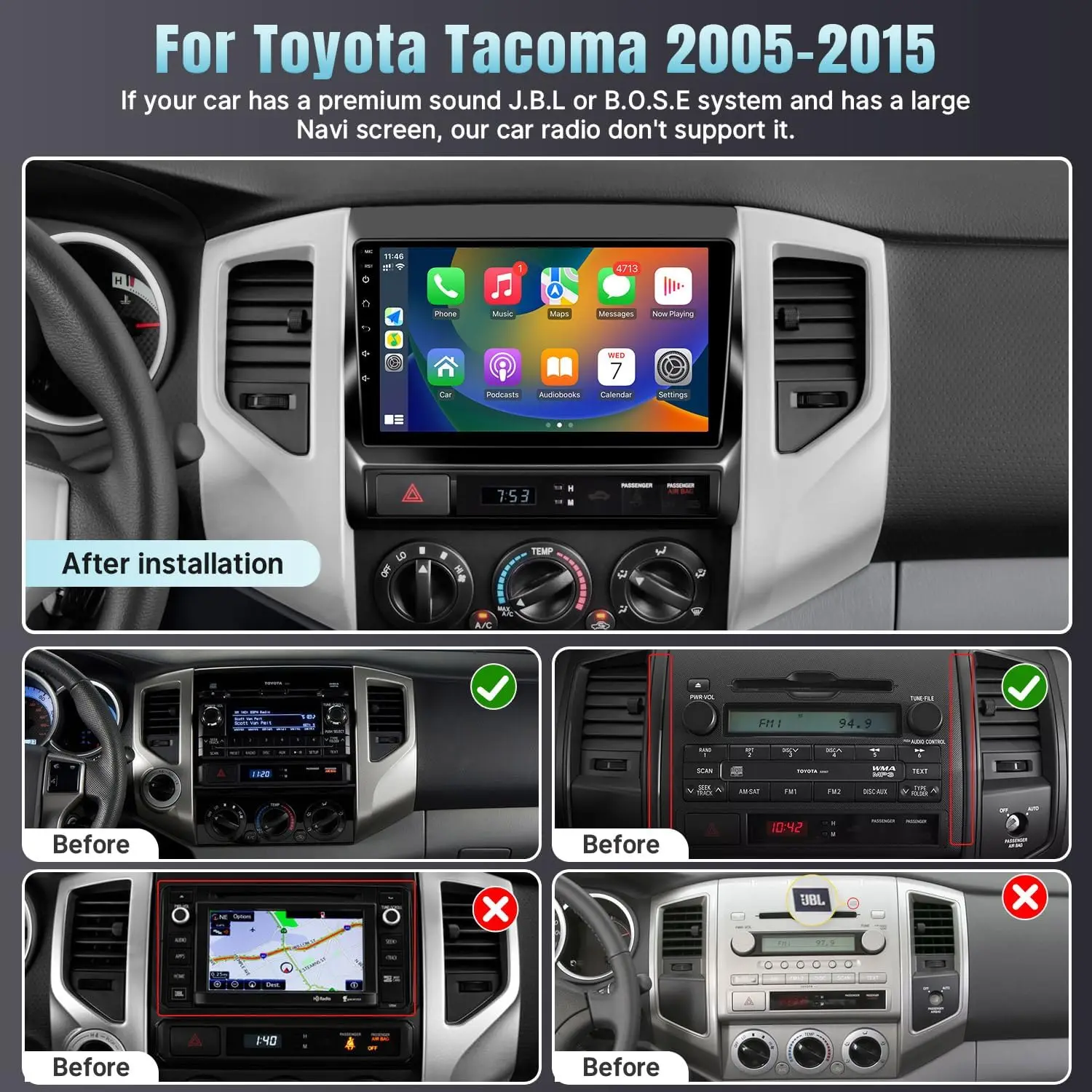 9 Inch Wireless Carplay Car Radio for Toyota Tacoma 2005-2015 Touch Screen Android Auto Car Video Player with Backup Camera GPS