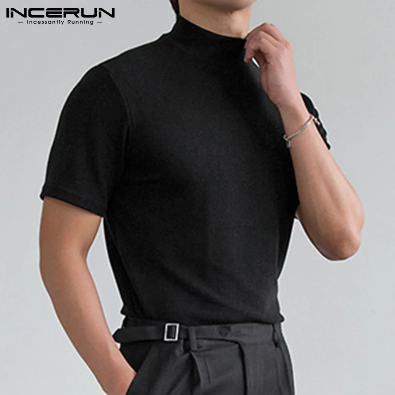 2024 Men T Shirt Solid Color Turtleneck Short Sleeve Fitness Casual Men Clothing Streetwear Leisure Thin Camisetas S-5XL INCERUN