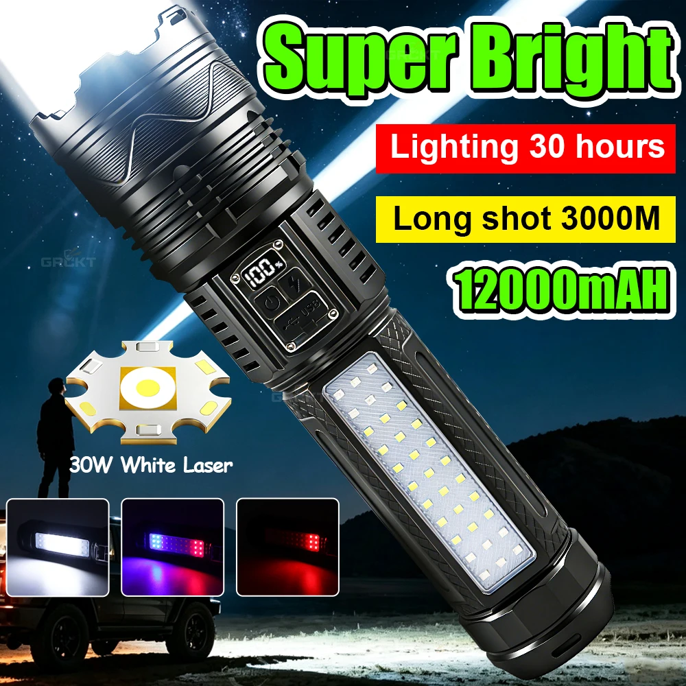 12000mAH Super Bright Flashlight Rechargeable Type C Ultra Powerful Torch Lamp Telescopic IP65 Waterproof Hiking Lantern 18650