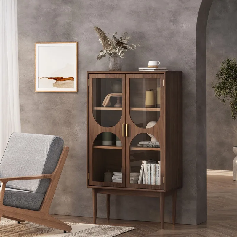 Книжный шкаф из цельного дерева в скандинавском стиле, современный простой бытовой шкаф для хранения пыленепроницаемых стеклянных дверей, легкий роскошный винный шкаф