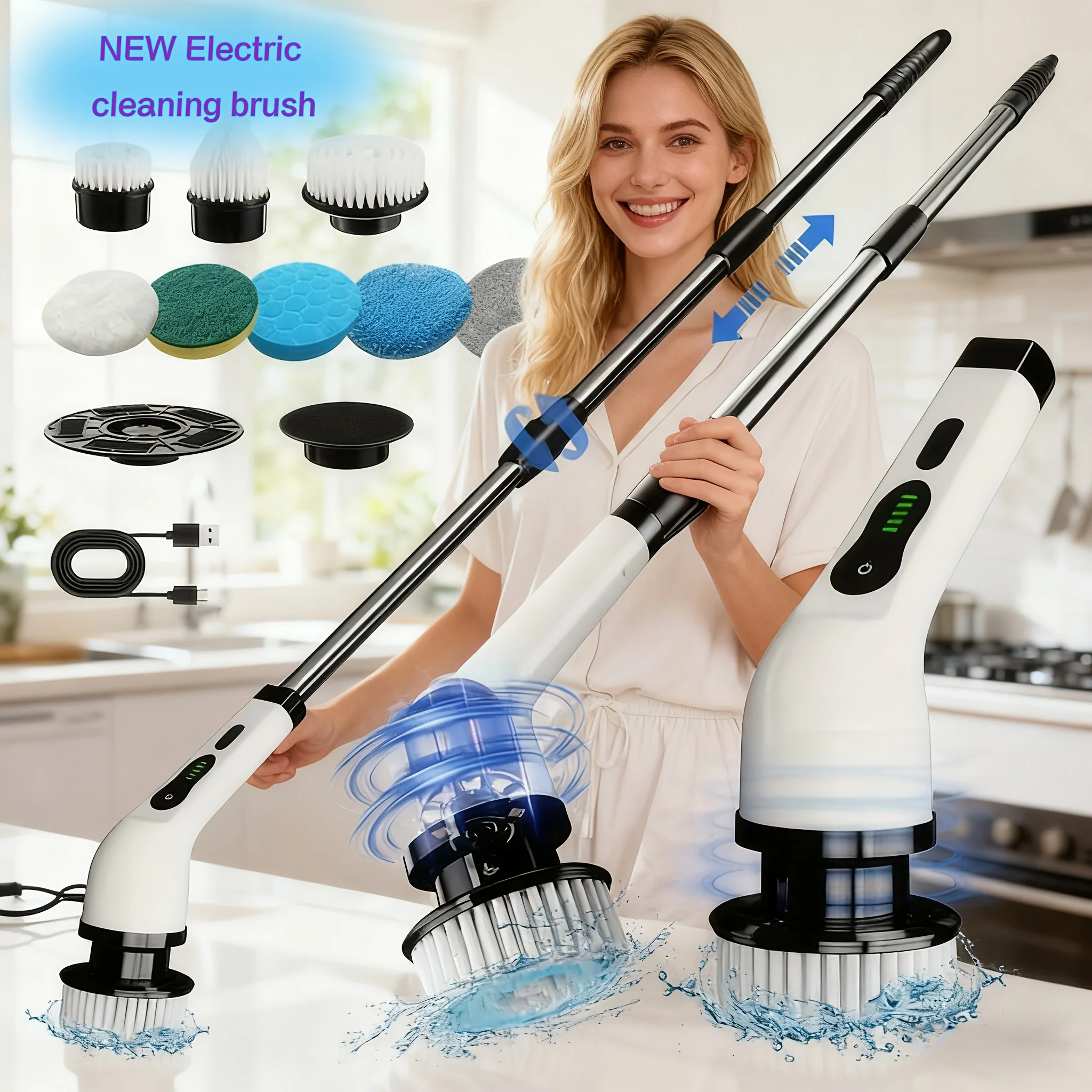 

9-in-1 Electric Rotating Brush, with Adjustable Telescopic Handle, Equipped with 9 Replaceable Brush Heads, with Battery Level Display, Highly Suitable for Tiles And Floors, USB Rechargeable Lithium Battery, Suitable for Home Use.