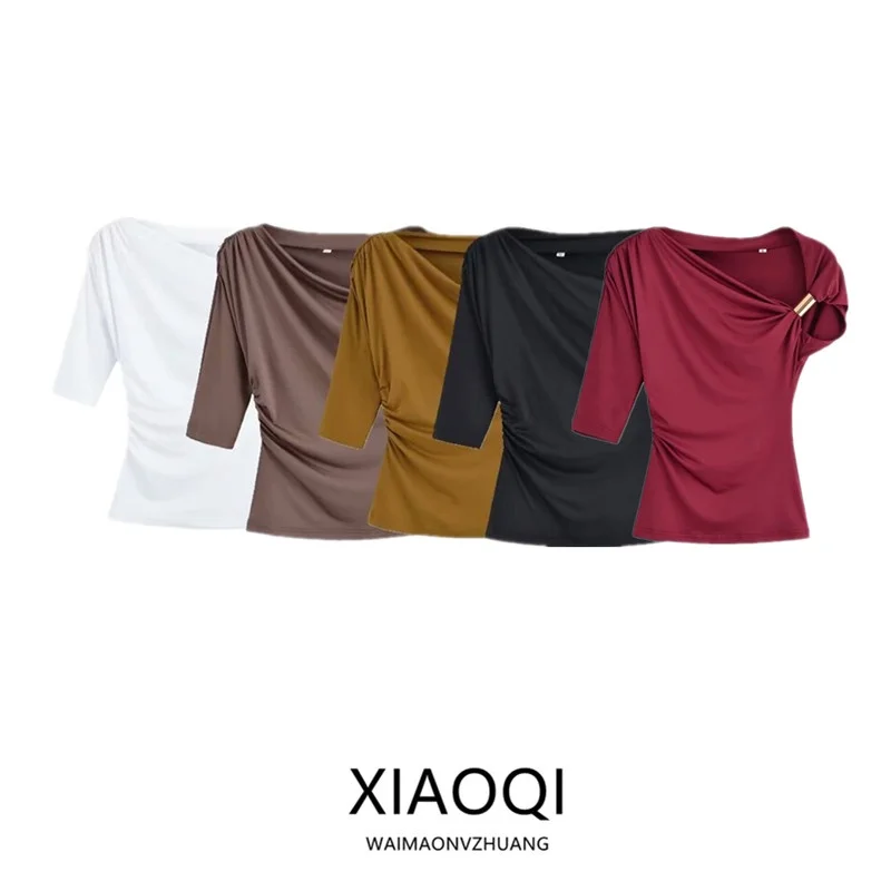 Wiosna 2025 Damska Moda Nowości Jednolity Kolor Nylon Asymetryczny Prosty Top Do Pracy Letni Regularny Krój T-shirt