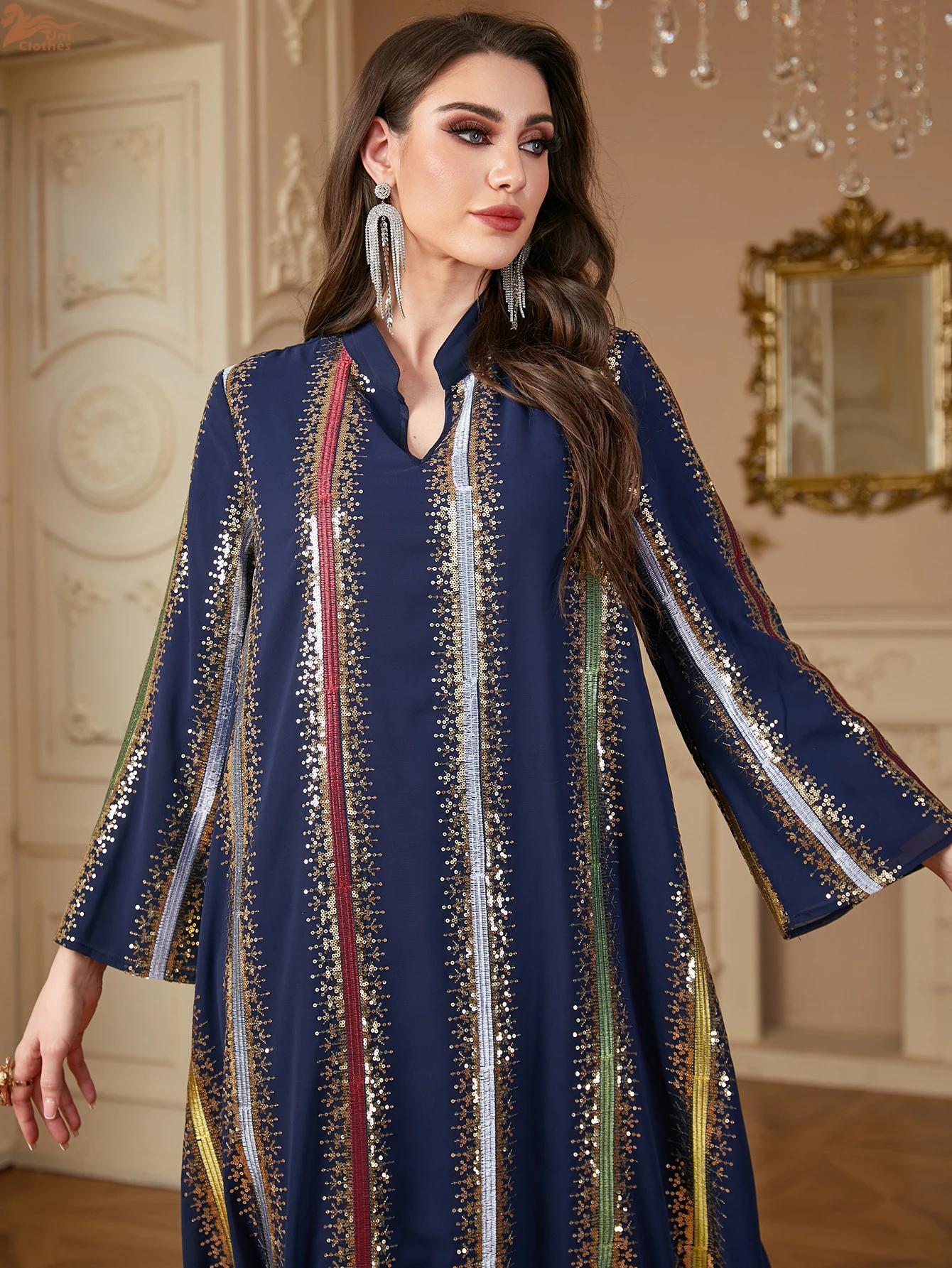 Uni Ramadan Dubai Embroidery Sequins abaya Stripe Loose Kaftan Muslim Elegant Women Evening Dress