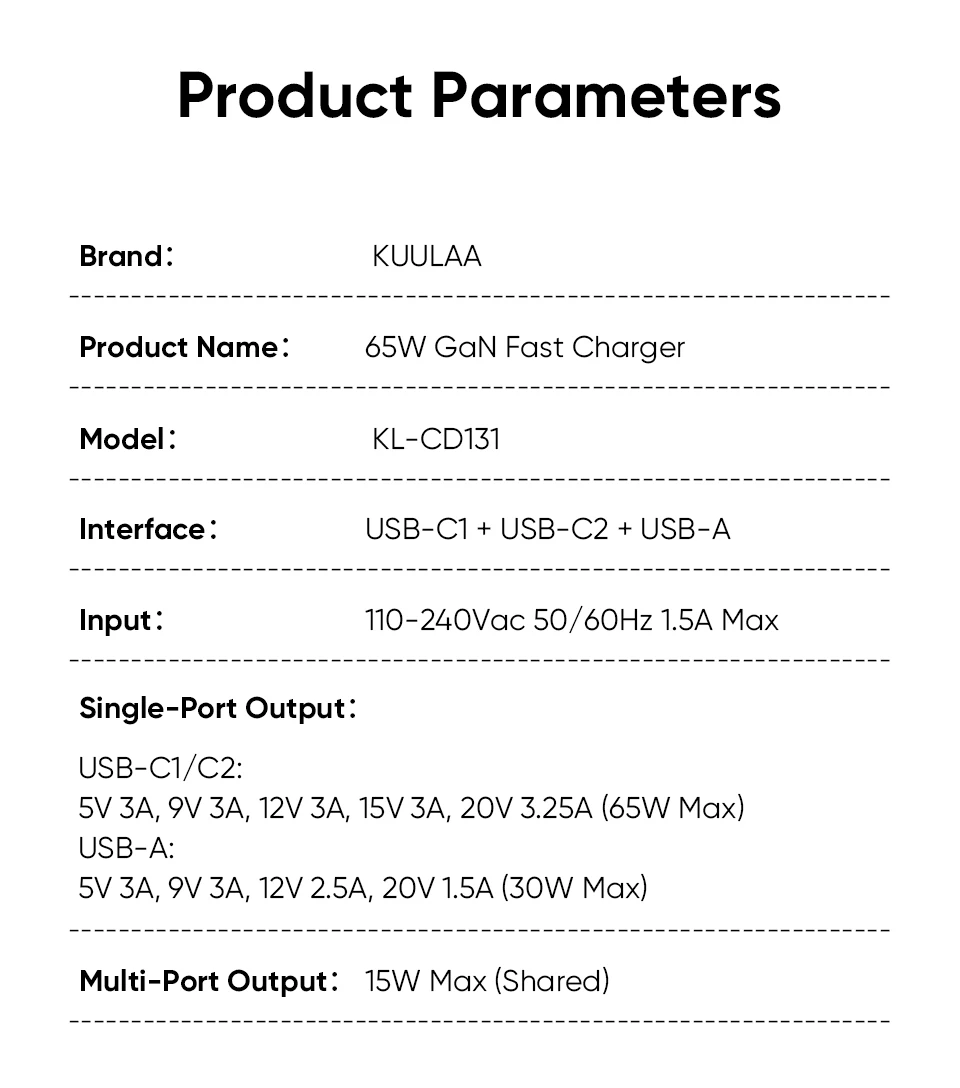 KUULAA 65W GaN Ladegerät Typ C Quick Charge 4.0 3.0 PD USB-Ladegerät für iPhone 17 16 15 Pro Max Schnellladegerät für Laptop PD-Ladegerät – Detail 9