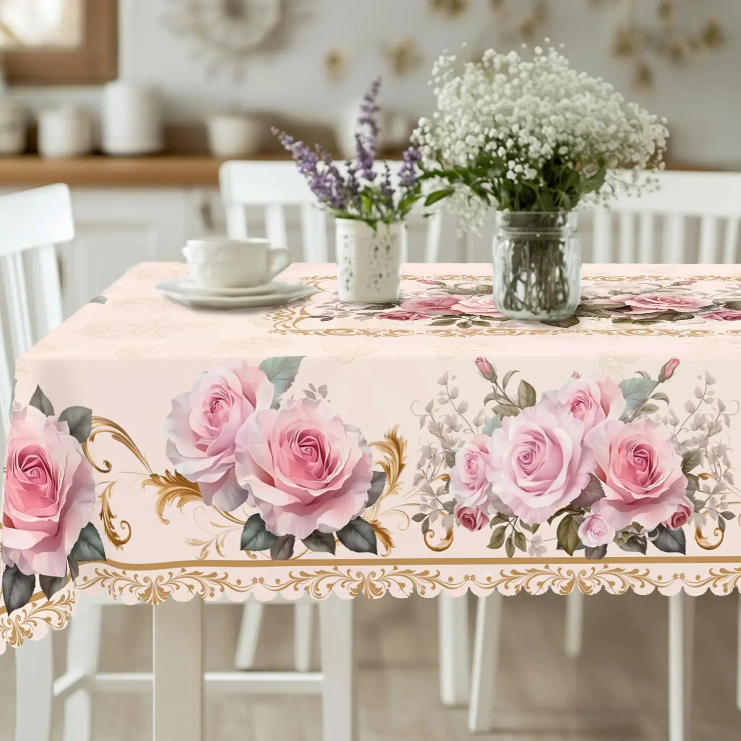 1 Piece of Spring Floral Round Tablecloth, Available in Various Sizes, with a Soft Base Color and Elegant Prints of Pink-Toned Roses and Fine Floral Clusters, Paired with a Circular Decorative Tablecloth Featuring Gold-Edged Vine Patterns, with Embossed Edges, Offering a Gentle and Fresh Style, Perfect for Spring Table Decorations, Suitable for Everyday Use in the Home Kitchen, Terrace, or for Picnics, Spring Decoration, Home Decor, and as a Gentle Accent for Spring and Summer Homes