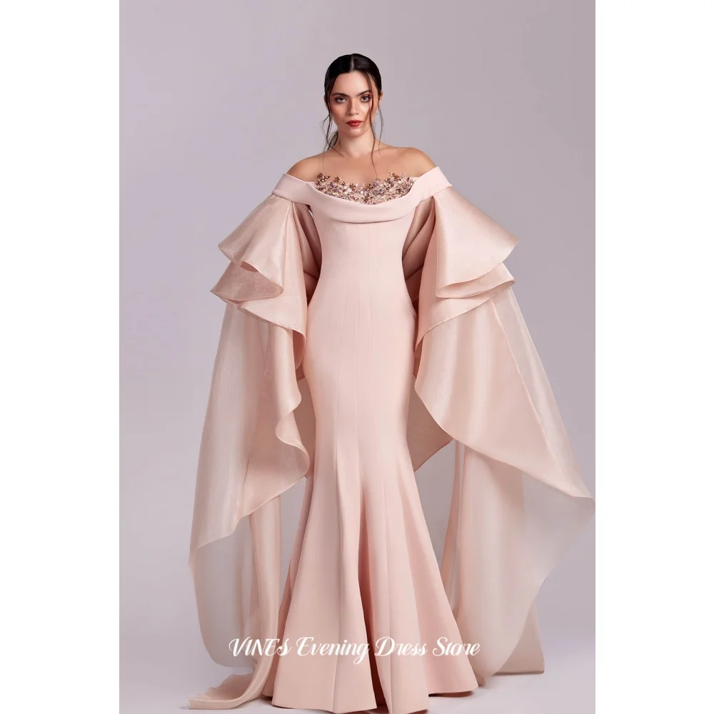 VINES Blush Pink Prom Dress Ruffle Cape Sleeve Evening Dress with Beaded Neckli…