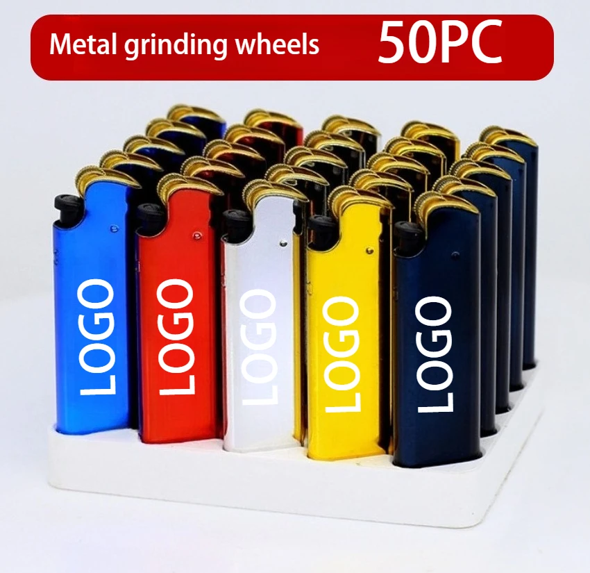 50pc New Butane Windproof Metal Lighter, Free Logo Customization Available, Portable Cigarette Grinding Wheel Lighter, Wholesale