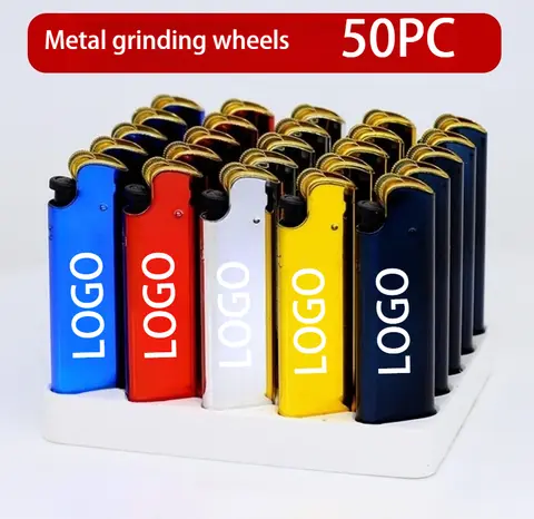 50pc New Butane Windproof Metal Lighter, Free Logo Customization Available, Portable Cigarette Grinding Wheel Lighter, Wholesale